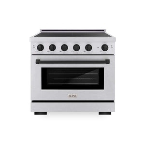 ZLINE Autograph Edition 36 in. 5.2 cu. ft. Paramount Induction Range with 5 Element Cooktop and Electric Convection Oven in Satin Stainless Steel with Matte Black Accents (SINRSZ-36-MB) main image.