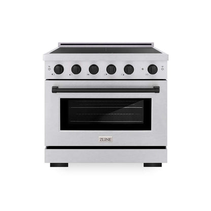 ZLINE Autograph Edition 36 in. 5.2 cu. ft. Paramount Induction Range with 5 Element Cooktop and Electric Convection Oven in Satin Stainless Steel with Matte Black Accents (SINRSZ-36-MB) main image.