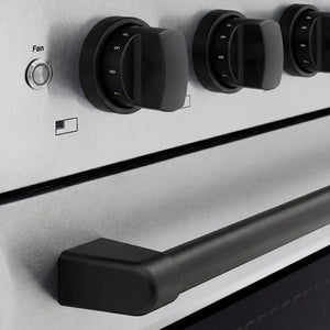 ZLINE Autograph Edition 36 in. 5.2 cu. ft. Paramount Induction Range with 5 Element Cooktop and Electric Convection Oven in Satin Stainless Steel with Matte Black Accents (SINRSZ-36-MB) close-up of oven and cooktop knob controls.