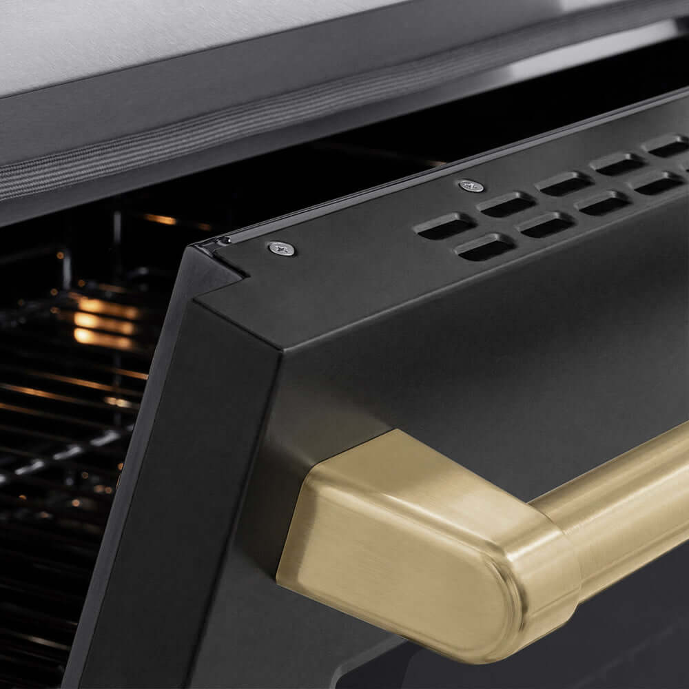 ZLINE Autograph Edition 36 in. 5.2 cu. ft. Paramount Induction Range with 5 Element Cooktop and Electric Convection Oven in Satin Stainless Steel with Black Matte Door and Champagne Bronze Accents (SINRSZ-BLM36-CB) oven door slightly open showing handle detail.