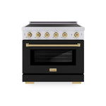 ZLINE Autograph Edition 36 in. 5.2 cu. ft. Paramount Induction Range with 5 Element Cooktop and Electric Convection Oven in Satin Stainless Steel with Black Matte Door and Champagne Bronze Accents (SINRSZ-BLM36-CB) main image.