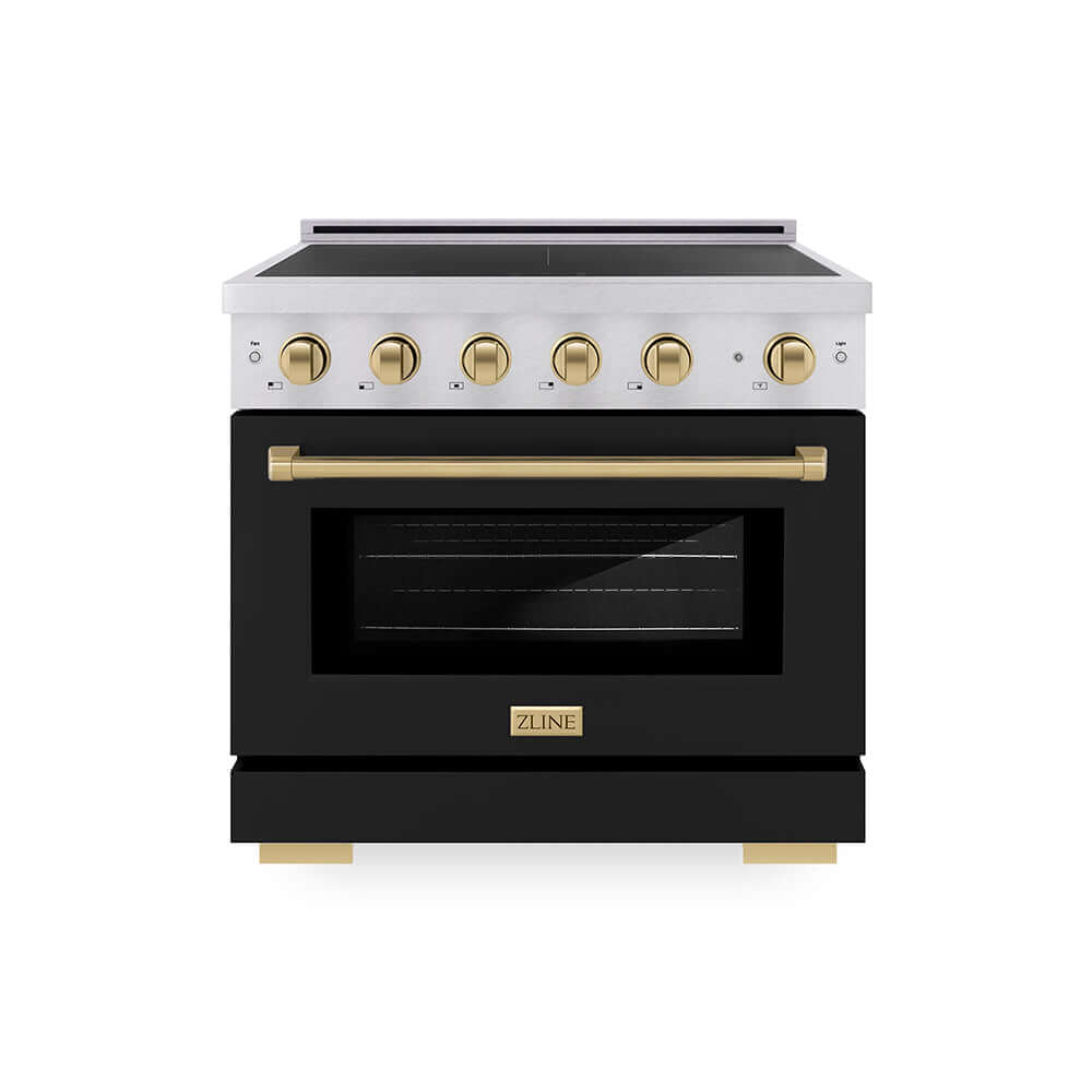 ZLINE Autograph Edition 36 in. 5.2 cu. ft. Paramount Induction Range with 5 Element Cooktop and Electric Convection Oven in Satin Stainless Steel with Black Matte Door and Champagne Bronze Accents (SINRSZ-BLM36-CB) main image.
