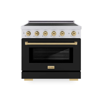 ZLINE Autograph Edition 36 in. 5.2 cu. ft. Paramount Induction Range with 5 Element Cooktop and Electric Convection Oven in Satin Stainless Steel with Black Matte Door and Champagne Bronze Accents (SINRSZ-BLM36-CB) main image.
