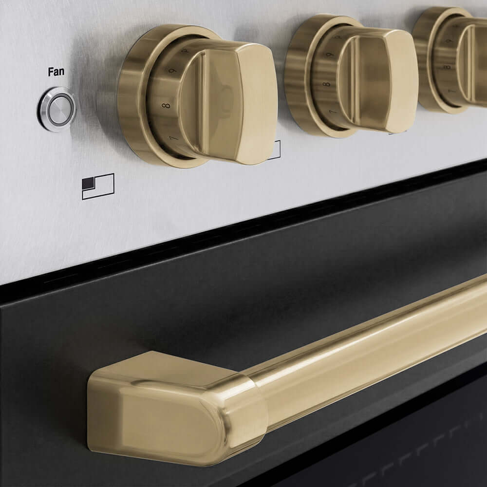 ZLINE Autograph Edition 36 in. 5.2 cu. ft. Paramount Induction Range with 5 Element Cooktop and Electric Convection Oven in Satin Stainless Steel with Black Matte Door and Champagne Bronze Accents (SINRSZ-BLM36-CB) close-up of oven and cooktop knob controls.