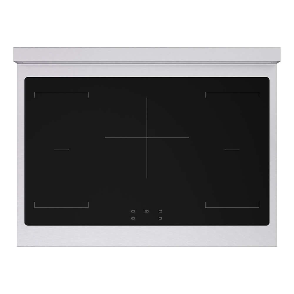 ZLINE Autograph Edition 36 in. 5.2 cu. ft. Paramount Induction Range with 5 Element Cooktop and Electric Convection Oven in Satin Stainless Steel with Black Matte Door and Champagne Bronze Accents (SINRSZ-BLM36-CB) top-down, above cooktop.