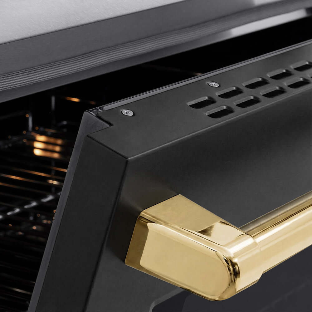 ZLINE Autograph Edition 36 in. 5.2 cu. ft. Paramount Induction Range with 5 Element Cooktop and Electric Convection Oven in Satin Stainless Steel with Black Matte Door and Polished Gold Accents (SINRSZ-BLM36-G) oven door slightly open showing handle detail.