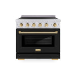 ZLINE Autograph Edition 36 in. 5.2 cu. ft. Paramount Induction Range with 5 Element Cooktop and Electric Convection Oven in Satin Stainless Steel with Black Matte Door and Polished Gold Accents (SINRSZ-BLM36-G) main image.