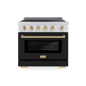 ZLINE Autograph Edition 36 in. 5.2 cu. ft. Paramount Induction Range with 5 Element Cooktop and Electric Convection Oven in Satin Stainless Steel with Black Matte Door and Polished Gold Accents (SINRSZ-BLM36-G) main image.
