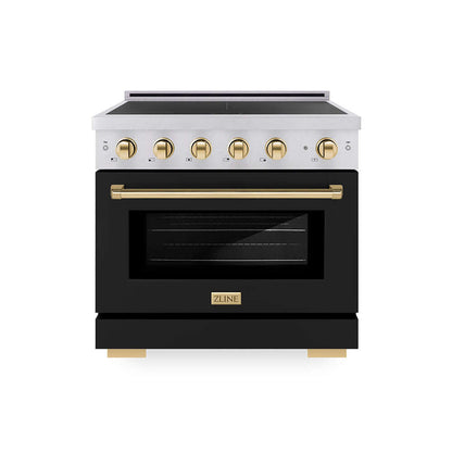 ZLINE Autograph Edition 36 in. 5.2 cu. ft. Paramount Induction Range with 5 Element Cooktop and Electric Convection Oven in Satin Stainless Steel with Black Matte Door and Polished Gold Accents (SINRSZ-BLM36-G) main image.