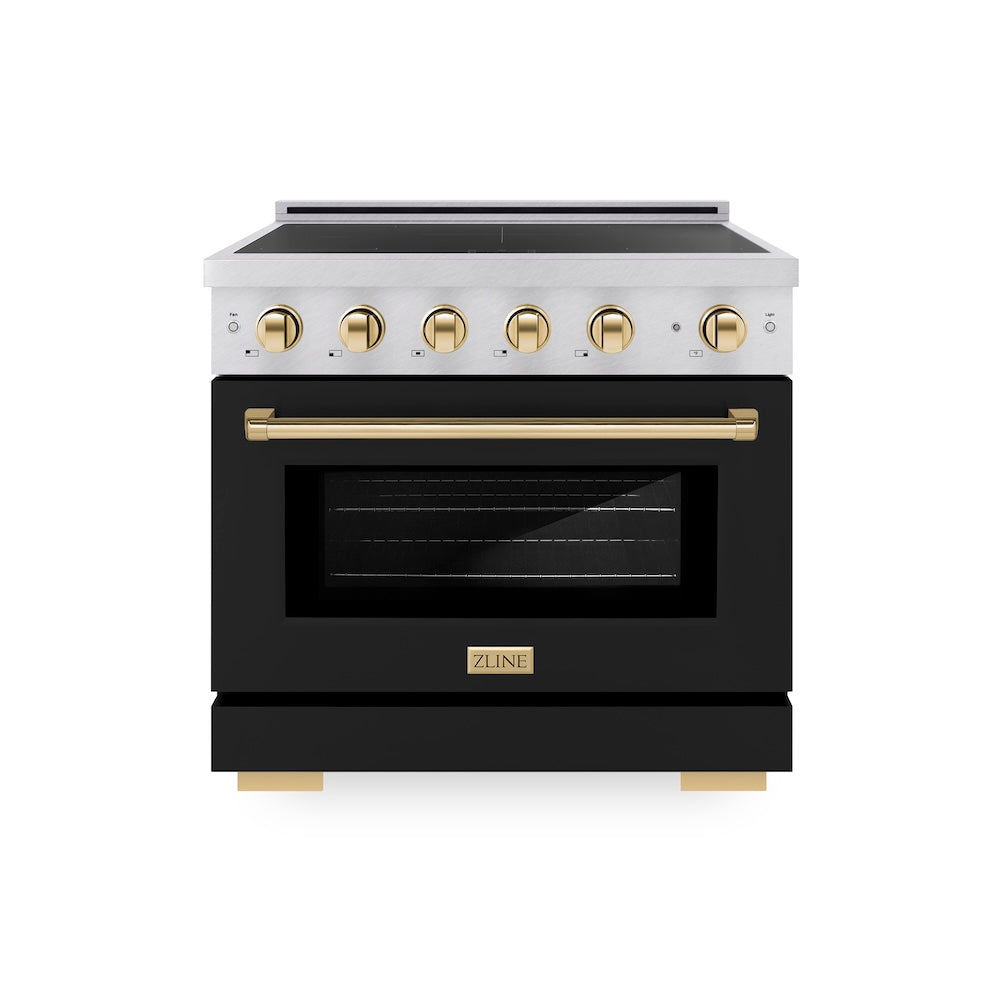 ZLINE Autograph Edition 36 in. 5.2 cu. ft. Paramount Induction Range with 5 Element Cooktop and Electric Convection Oven in Satin Stainless Steel with Black Matte Door and Polished Gold Accents, Open Box-Good Condition