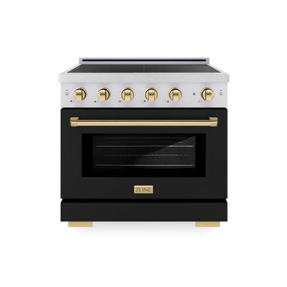 ZLINE Autograph Edition 36 in. 5.2 cu. ft. Paramount Induction Range with 5 Element Cooktop and Electric Convection Oven in Satin Stainless Steel with Black Matte Door and Polished Gold Accents, Open Box-Good Condition