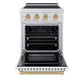 ZLINE Autograph Edition 24 in. 3.2 cu. ft. Paramount Induction Range with 3 Element Cooktop and Electric Convection Oven in Satin Stainless Steel with White Matte Door and Champagne Bronze Accents (SINRSZ-WM-24-CB) front, electric oven open.