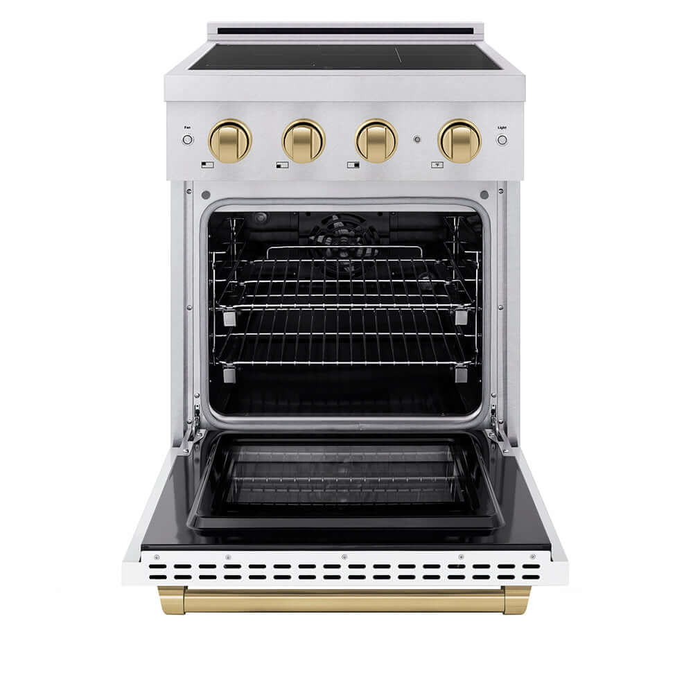 ZLINE Autograph Edition 24 in. 3.2 cu. ft. Paramount Induction Range with 3 Element Cooktop and Electric Convection Oven in Satin Stainless Steel with White Matte Door and Champagne Bronze Accents (SINRSZ-WM-24-CB) front, electric oven open.
