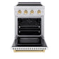 ZLINE Autograph Edition 24 in. 3.2 cu. ft. Paramount Induction Range with 3 Element Cooktop and Electric Convection Oven in Satin Stainless Steel with White Matte Door and Polished Gold Accents (SINRSZ-WM-24-G) front, electric oven open.