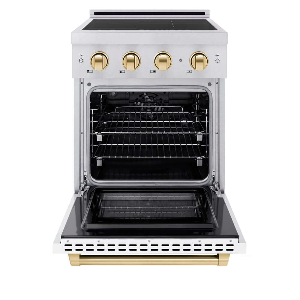 ZLINE Autograph Edition 24 in. 3.2 cu. ft. Paramount Induction Range with 3 Element Cooktop and Electric Convection Oven in Satin Stainless Steel with White Matte Door and Polished Gold Accents (SINRSZ-WM-24-G) front, electric oven open.