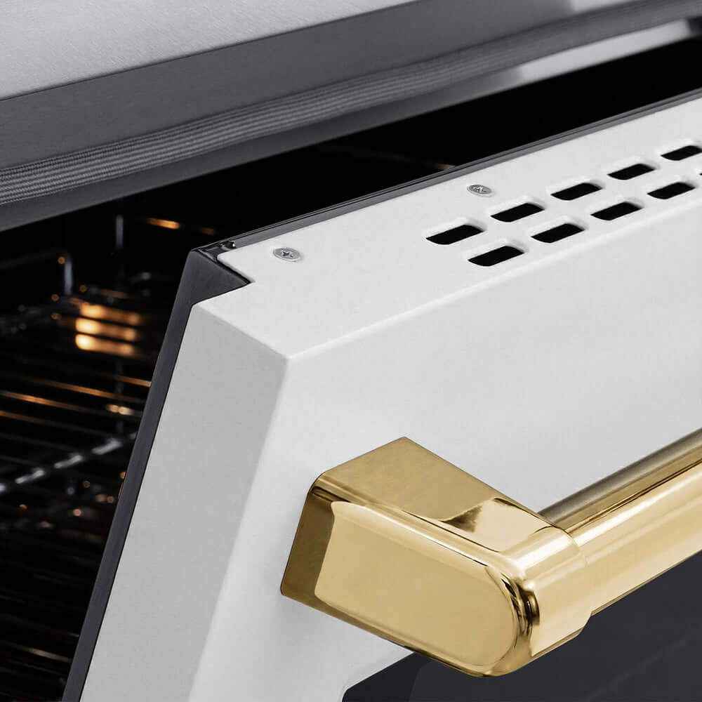 ZLINE Autograph Edition 24 in. 3.2 cu. ft. Paramount Induction Range with 3 Element Cooktop and Electric Convection Oven in Satin Stainless Steel with White Matte Door and Polished Gold Accents (SINRSZ-WM-24-G) close-up, oven door handle.