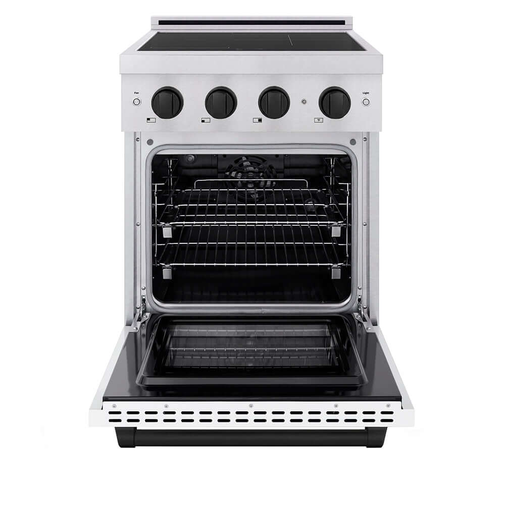 ZLINE Autograph Edition 24 in. 3.2 cu. ft. Paramount Induction Range with 3 Element Cooktop and Electric Convection Oven in Satin Stainless Steel with White Matte Door and Matte Black Accents (SINRSZ-WM-24-MB) front, electric oven open.