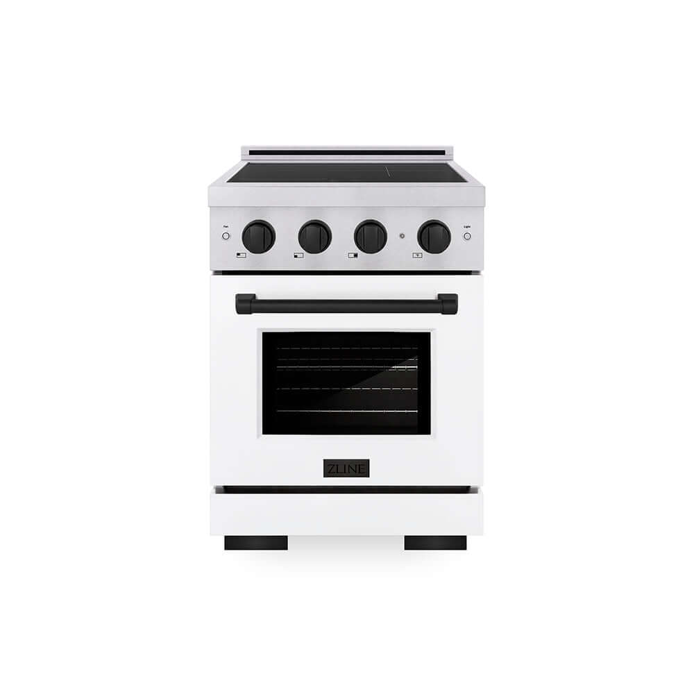 ZLINE Autograph Edition 24 in. 3.2 cu. ft. Paramount Induction Range with 3 Element Cooktop and Electric Convection Oven in Satin Stainless Steel with White Matte Door and Matte Black Accents (SINRSZ-WM-24-MB) main image.