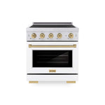 ZLINE Autograph Edition 30 in. 4.2 cu. ft. Paramount Induction Range with 4 Element Cooktop and Electric Convection Oven in Satin Stainless Steel with White Matte Door and Champagne Bronze Accents (SINRSZ-WM-30-CB) main image.