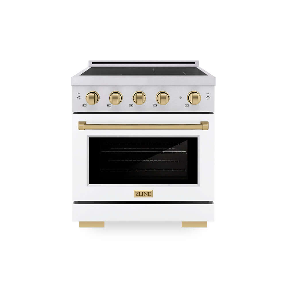 ZLINE Autograph Edition 30 in. 4.2 cu. ft. Paramount Induction Range with 4 Element Cooktop and Electric Convection Oven in Satin Stainless Steel with White Matte Door and Champagne Bronze Accents (SINRSZ-WM-30-CB) main image.
