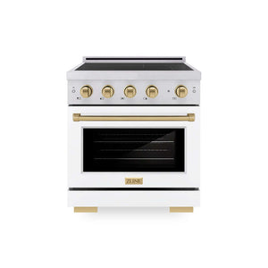 ZLINE Autograph Edition 30 in. 4.2 cu. ft. Paramount Induction Range with 4 Element Cooktop and Electric Convection Oven in Satin Stainless Steel with White Matte Door and Champagne Bronze Accents (SINRSZ-WM-30-CB) main image.
