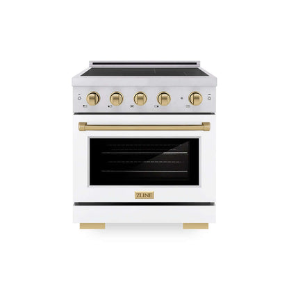 ZLINE Autograph Edition 30 in. 4.2 cu. ft. Paramount Induction Range with 4 Element Cooktop and Electric Convection Oven in Satin Stainless Steel with White Matte Door and Champagne Bronze Accents (SINRSZ-WM-30-CB) main image.