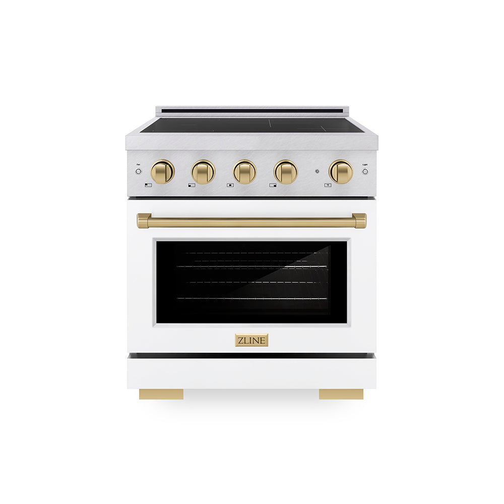 ZLINE Autograph Edition 30 in. 4.2 cu. ft. Paramount Induction Range with 4 Element Cooktop and Electric Convection Oven in Satin Stainless Steel with White Matte Door and Champagne Bronze Accents, Open Box-Great Condition main image.