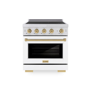 ZLINE Autograph Edition 30 in. 4.2 cu. ft. Paramount Induction Range with 4 Element Cooktop and Electric Convection Oven in Satin Stainless Steel with White Matte Door and Champagne Bronze Accents, Open Box-Great Condition main image.