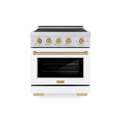ZLINE Autograph Edition 30 in. 4.2 cu. ft. Paramount Induction Range with 4 Element Cooktop and Electric Convection Oven in Satin Stainless Steel with White Matte Door and Champagne Bronze Accents, Open Box-Great Condition