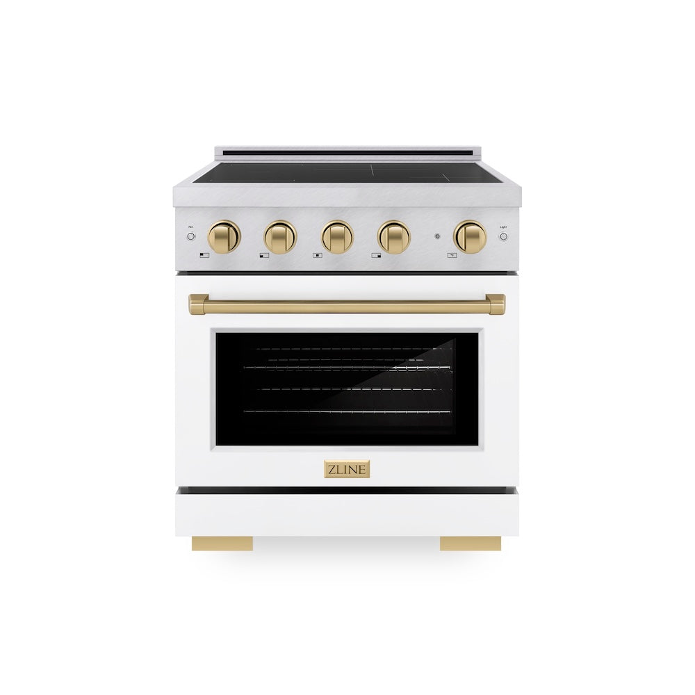 ZLINE Autograph Edition 30 in. 4.2 cu. ft. Paramount Induction Range with 4 Element Cooktop and Electric Convection Oven in Satin Stainless Steel with White Matte Door and Champagne Bronze Accents, Open Box-Good Condition