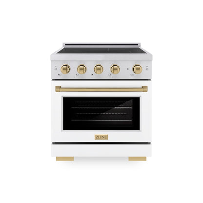 ZLINE Autograph Edition 30 in. 4.2 cu. ft. Paramount Induction Range with 4 Element Cooktop and Electric Convection Oven in Satin Stainless Steel with White Matte Door and Champagne Bronze Accents, Open Box-Good Condition