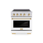 ZLINE Autograph Edition 30 in. 4.2 cu. ft. Paramount Induction Range with 4 Element Cooktop and Electric Convection Oven in Satin Stainless Steel with White Matte Door and Polished Gold Accents (SINRSZ-WM-30-G) main image.