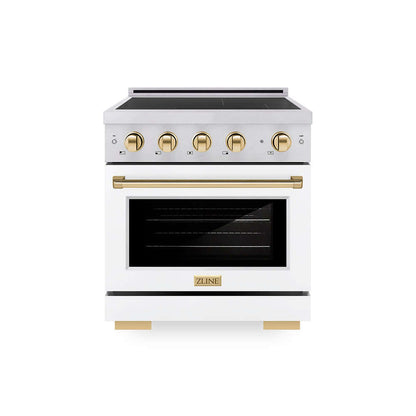 ZLINE Autograph Edition 30 in. 4.2 cu. ft. Paramount Induction Range with 4 Element Cooktop and Electric Convection Oven in Satin Stainless Steel with White Matte Door and Polished Gold Accents (SINRSZ-WM-30-G) main image.