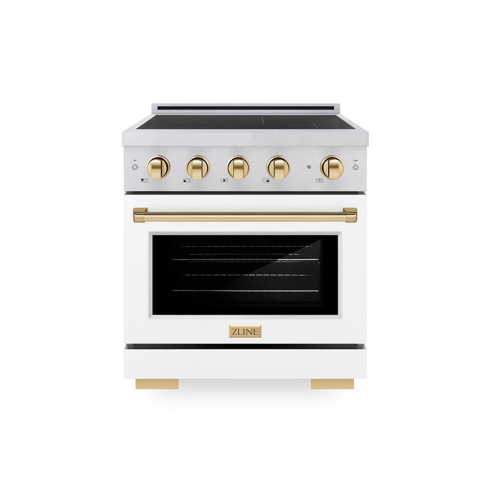 ZLINE Autograph Edition 30 in. 4.2 cu. ft. Paramount Induction Range with 4 Element Cooktop and Electric Convection Oven in Satin Stainless Steel with White Matte Door and Polished Gold Accents, Open Box-Good Condition