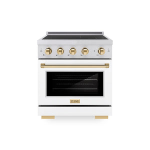 ZLINE Autograph Edition 30 in. 4.2 cu. ft. Paramount Induction Range with 4 Element Cooktop and Electric Convection Oven in Satin Stainless Steel with White Matte Door and Polished Gold Accents, Open Box-Good Condition main image.