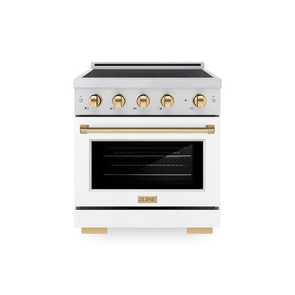 ZLINE Autograph Edition 30 in. 4.2 cu. ft. Paramount Induction Range with 4 Element Cooktop and Electric Convection Oven in Satin Stainless Steel with White Matte Door and Polished Gold Accents, Open Box-Good Condition