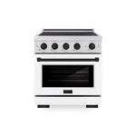 ZLINE Autograph Edition 30 in. 4.2 cu. ft. Paramount Induction Range with 4 Element Cooktop and Electric Convection Oven in Satin Stainless Steel with White Matte Door and Matte Black Accents (SINRSZ-WM-30-MB) main image.