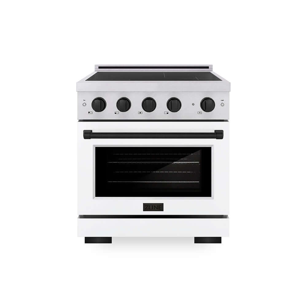 ZLINE Autograph Edition 30 in. 4.2 cu. ft. Paramount Induction Range with 4 Element Cooktop and Electric Convection Oven in Satin Stainless Steel with White Matte Door and Matte Black Accents (SINRSZ-WM-30-MB) main image.