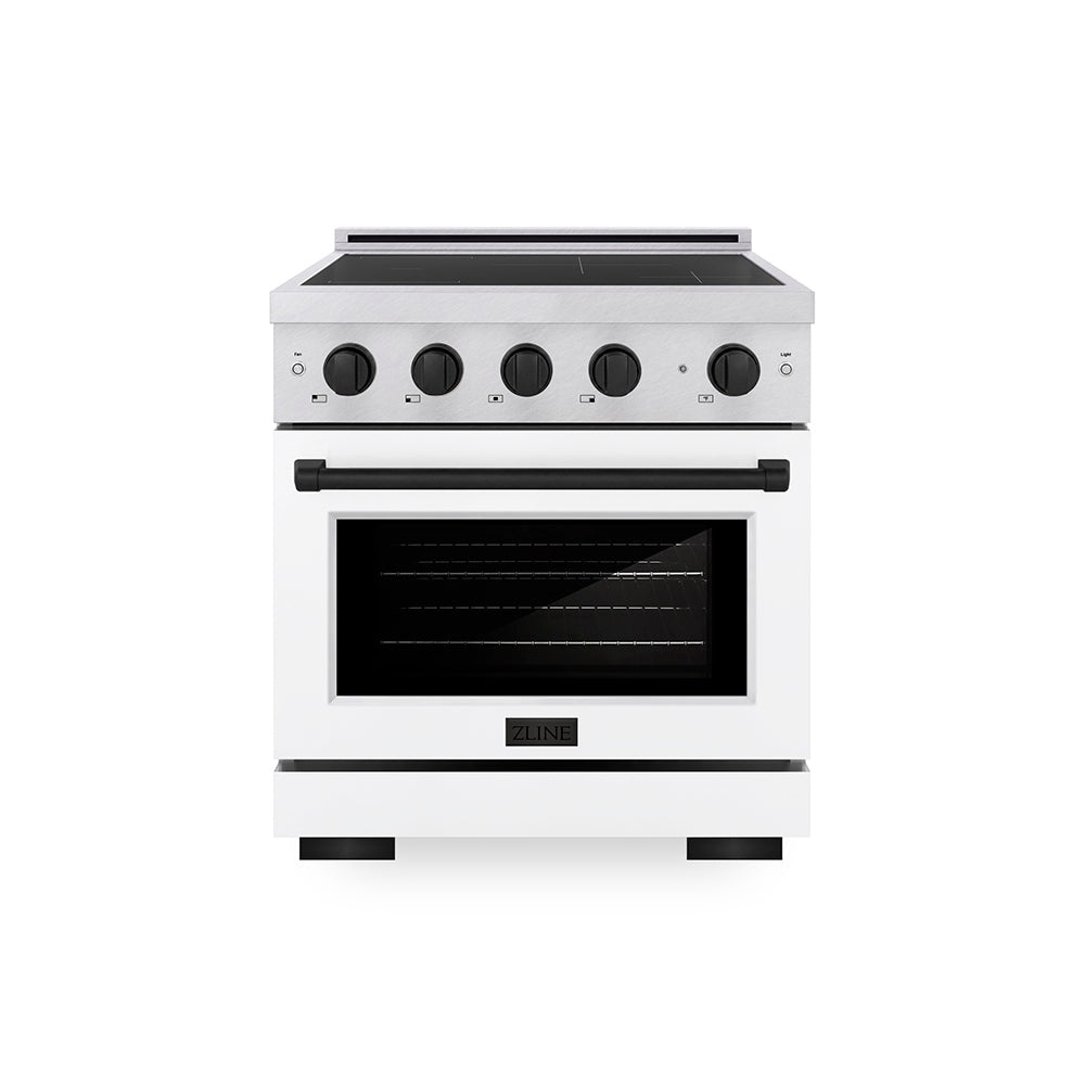 ZLINE Autograph Edition 30 in. 4.2 cu. ft. Paramount Induction Range with 4 Element Cooktop and Electric Convection Oven in Satin Stainless Steel with White Matte Door and Matte Black Accents, Open Box-Great Condition main image.