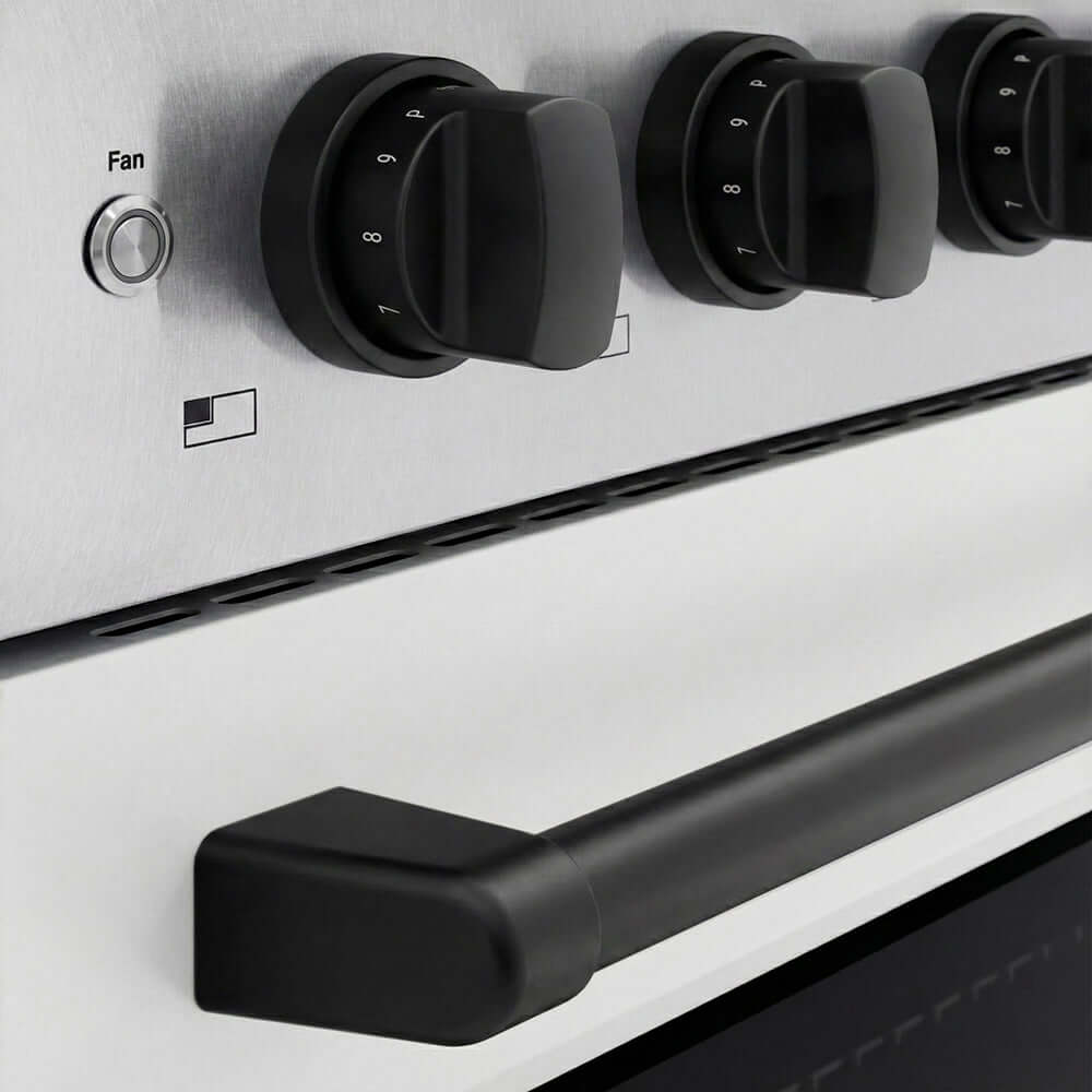 ZLINE Autograph Edition 30 in. 4.2 cu. ft. Paramount Induction Range with 4 Element Cooktop and Electric Convection Oven in Satin Stainless Steel with White Matte Door and Matte Black Accents (SINRSZ-WM-30-MB) close-up of oven and cooktop knob controls.