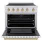 ZLINE Autograph Edition 36 in. 5.2 cu. ft. Paramount Induction Range with 5 Element Cooktop and Electric Convection Oven in Satin Stainless Steel with White Matte Door and Champagne Bronze Accents (SINRSZ-WM-36-CB) front, oven open.