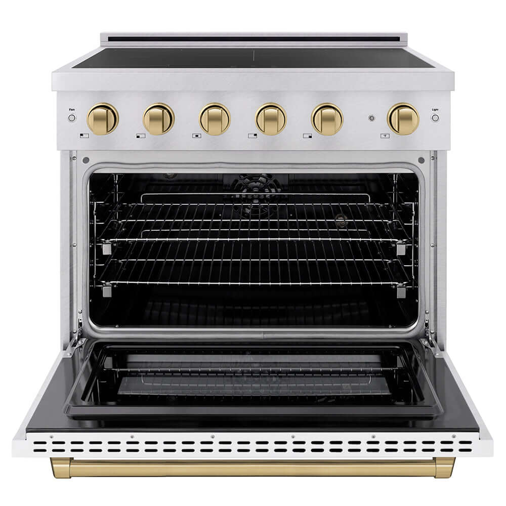 ZLINE Autograph Edition 36 in. 5.2 cu. ft. Paramount Induction Range with 5 Element Cooktop and Electric Convection Oven in Satin Stainless Steel with White Matte Door and Champagne Bronze Accents (SINRSZ-WM-36-CB) front, oven open.