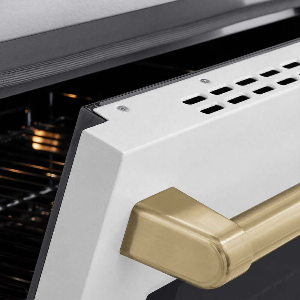 ZLINE Autograph Edition 36 in. 5.2 cu. ft. Paramount Induction Range with 5 Element Cooktop and Electric Convection Oven in Satin Stainless Steel with White Matte Door and Champagne Bronze Accents (SINRSZ-WM-36-CB) oven door slightly open showing handle detail.