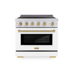 ZLINE Autograph Edition 36 in. 5.2 cu. ft. Paramount Induction Range with 5 Element Cooktop and Electric Convection Oven in Satin Stainless Steel with White Matte Door and Champagne Bronze Accents (SINRSZ-WM-36-CB) main image.