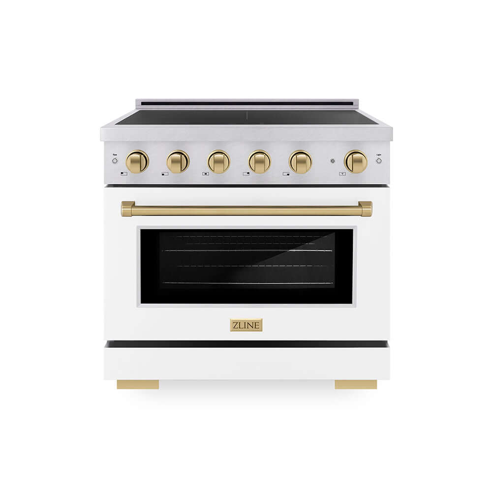 ZLINE Autograph Edition 36 in. 5.2 cu. ft. Paramount Induction Range with 5 Element Cooktop and Electric Convection Oven in Satin Stainless Steel with White Matte Door and Champagne Bronze Accents (SINRSZ-WM-36-CB) main image.