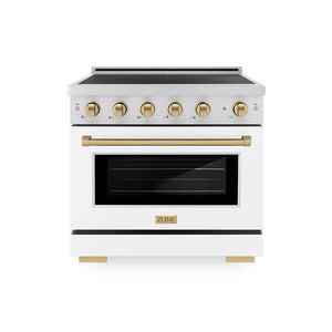 ZLINE Autograph Edition 36 in. 5.2 cu. ft. Paramount Induction Range with 5 Element Cooktop and Electric Convection Oven in Satin Stainless Steel with White Matte Door and Champagne Bronze Accents, Open Box-Great Condition main image.