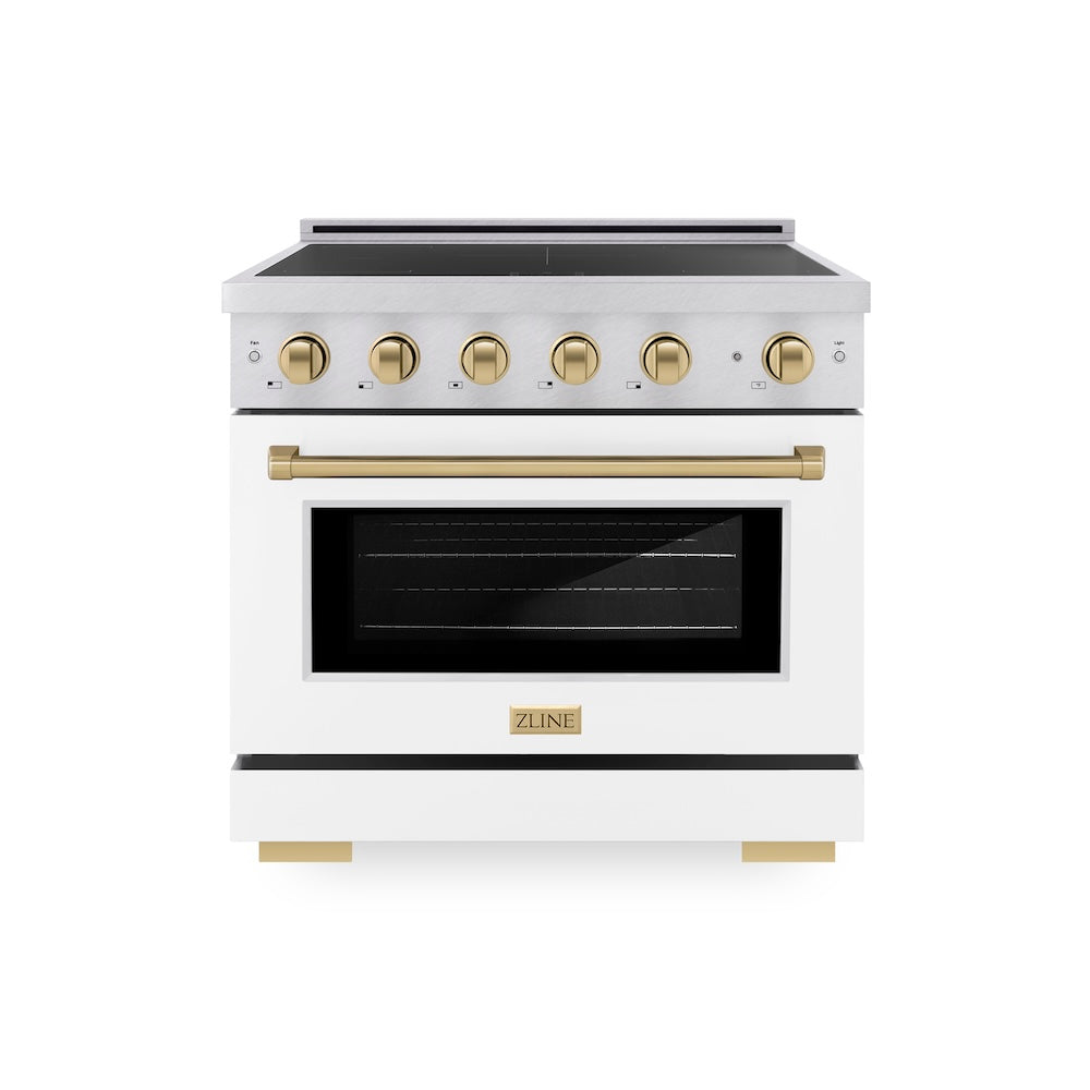 ZLINE Autograph Edition 36 in. 5.2 cu. ft. Paramount Induction Range with 5 Element Cooktop and Electric Convection Oven in Satin Stainless Steel with White Matte Door and Champagne Bronze Accents, Open Box-Good Condition