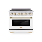 ZLINE Autograph Edition 36 in. 5.2 cu. ft. Paramount Induction Range with 5 Element Cooktop and Electric Convection Oven in Satin Stainless Steel with White Matte Door and Polished Gold Accents (SINRSZ-WM-36-G) main image.
