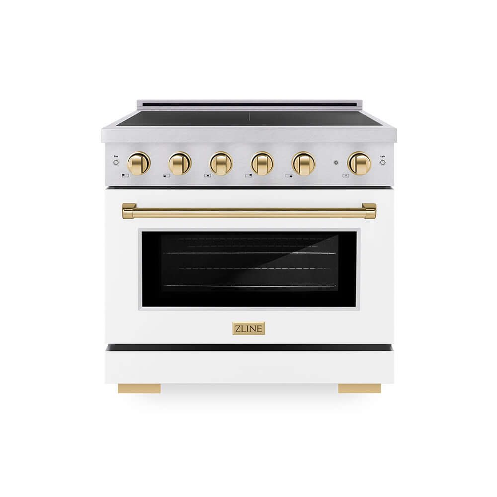 ZLINE Autograph Edition 36 in. 5.2 cu. ft. Paramount Induction Range with 5 Element Cooktop and Electric Convection Oven in Satin Stainless Steel with White Matte Door and Polished Gold Accents (SINRSZ-WM-36-G) main image.