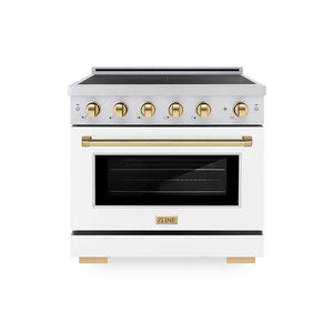 ZLINE Autograph Edition 36 in. 5.2 cu. ft. Paramount Induction Range with 5 Element Cooktop and Electric Convection Oven in Satin Stainless Steel with White Matte Door and Polished Gold Accents (SINRSZ-WM-36-G) main image.